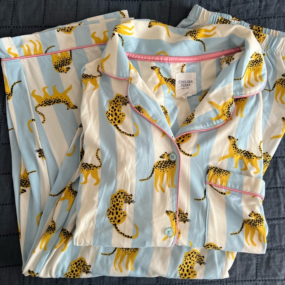 Chelsea Peers light blue stripes and cheetah. Long sleeve and pants. Size XL